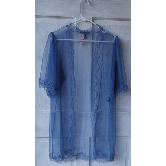 VS Victorias Secret Slate Blue Mesh Lace See Thru Sheer Open Robe M/L Sleepwear - Picture 4 of 4